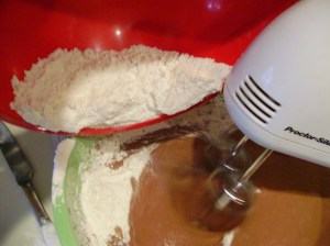 Back on track, the good wife combined the flour with the chocolatey batter.