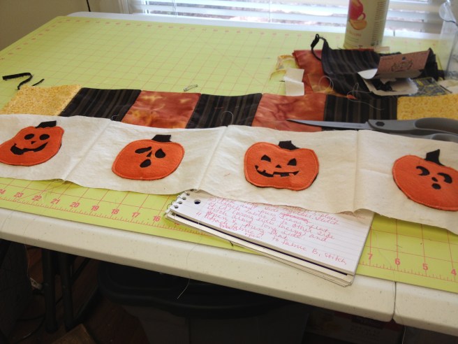 Sew the finished pumpkin rectangles together, right sides facing in, along the 5.5" edges. (Shown finished here.)